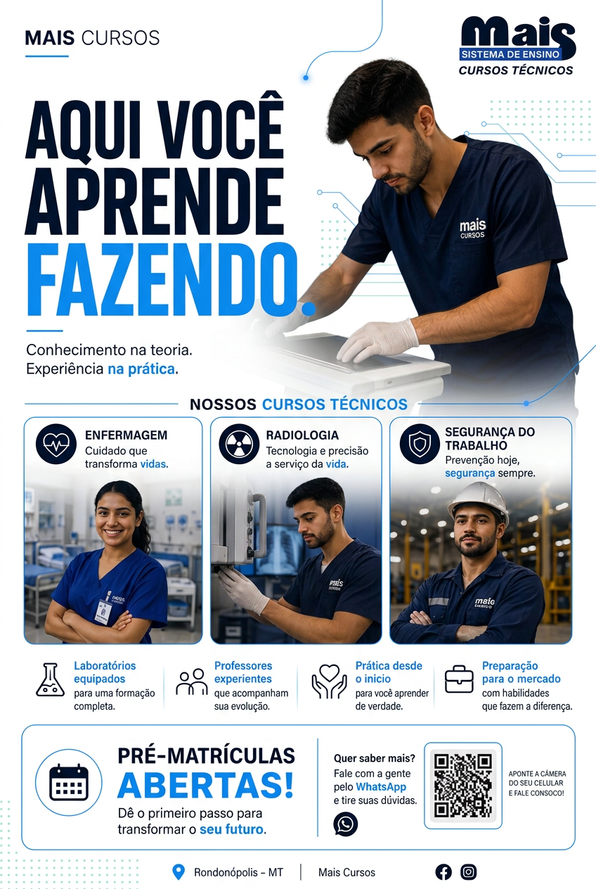 Peça institucional da campanha Mais Cursos em fundo branco: Aqui você aprende fazendo