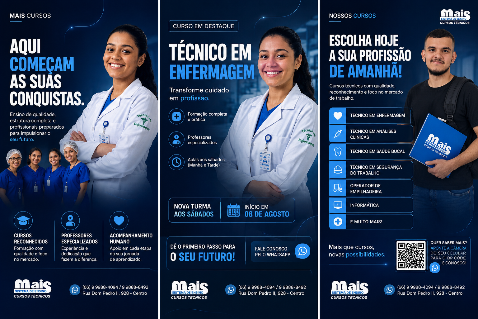 Três stories da campanha Mais Cursos lado a lado