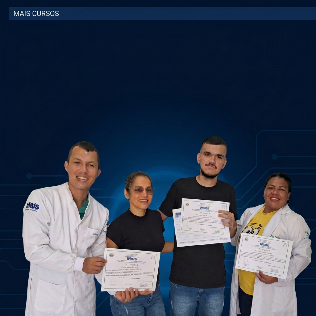 Grupo de alunos formados da Mais Cursos segurando seus diplomas de Técnico em Enfermagem